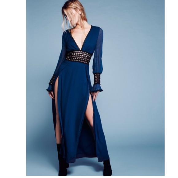 Free People Silk Navy (Deep Sea) Slit Dress